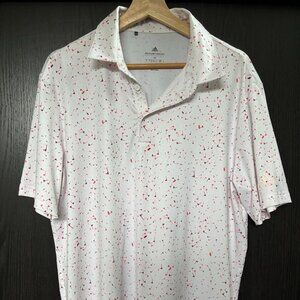 Adidas Golf Polo Shirt Men’s Medium - White Red Pink Allover Print Golf Flags